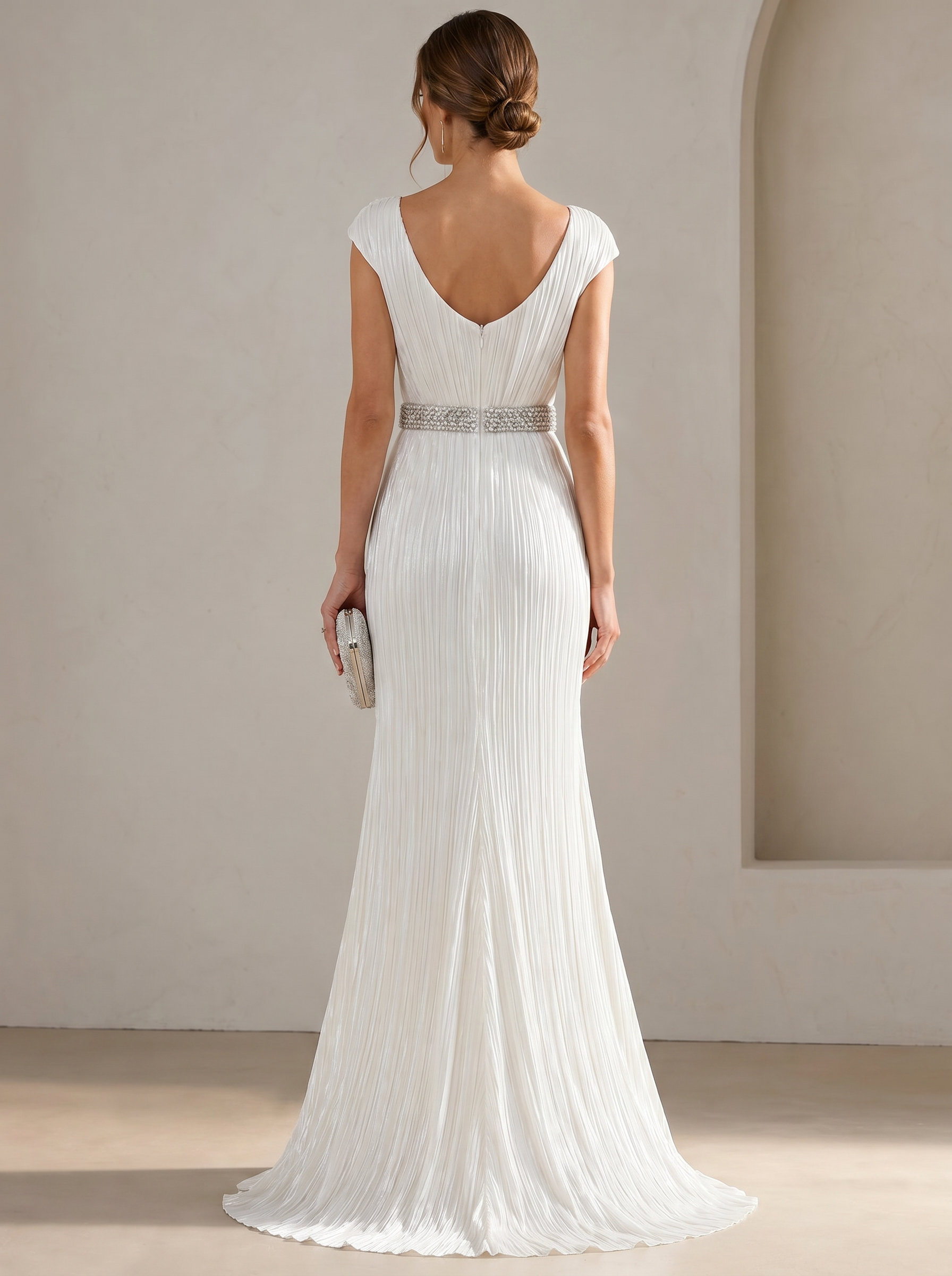 White Pleated Cap Sleeve Beaded Belt Mermaid Maxi Dress