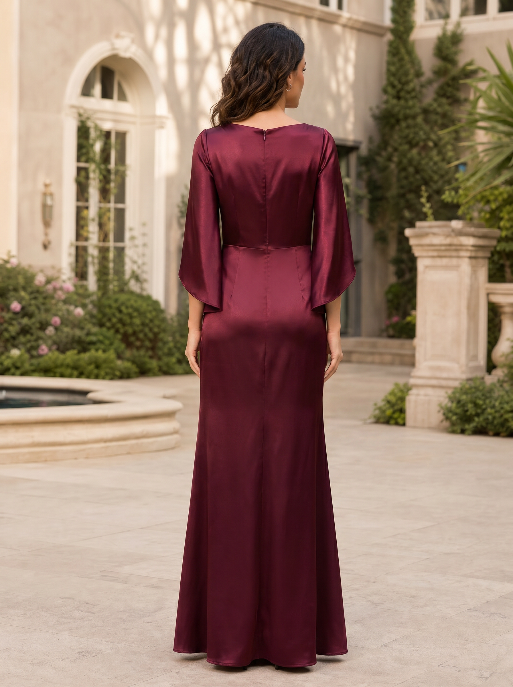 Burgundy Satin Cowl Neck Cape Sleeve Ruched Mermaid Maxi Dress