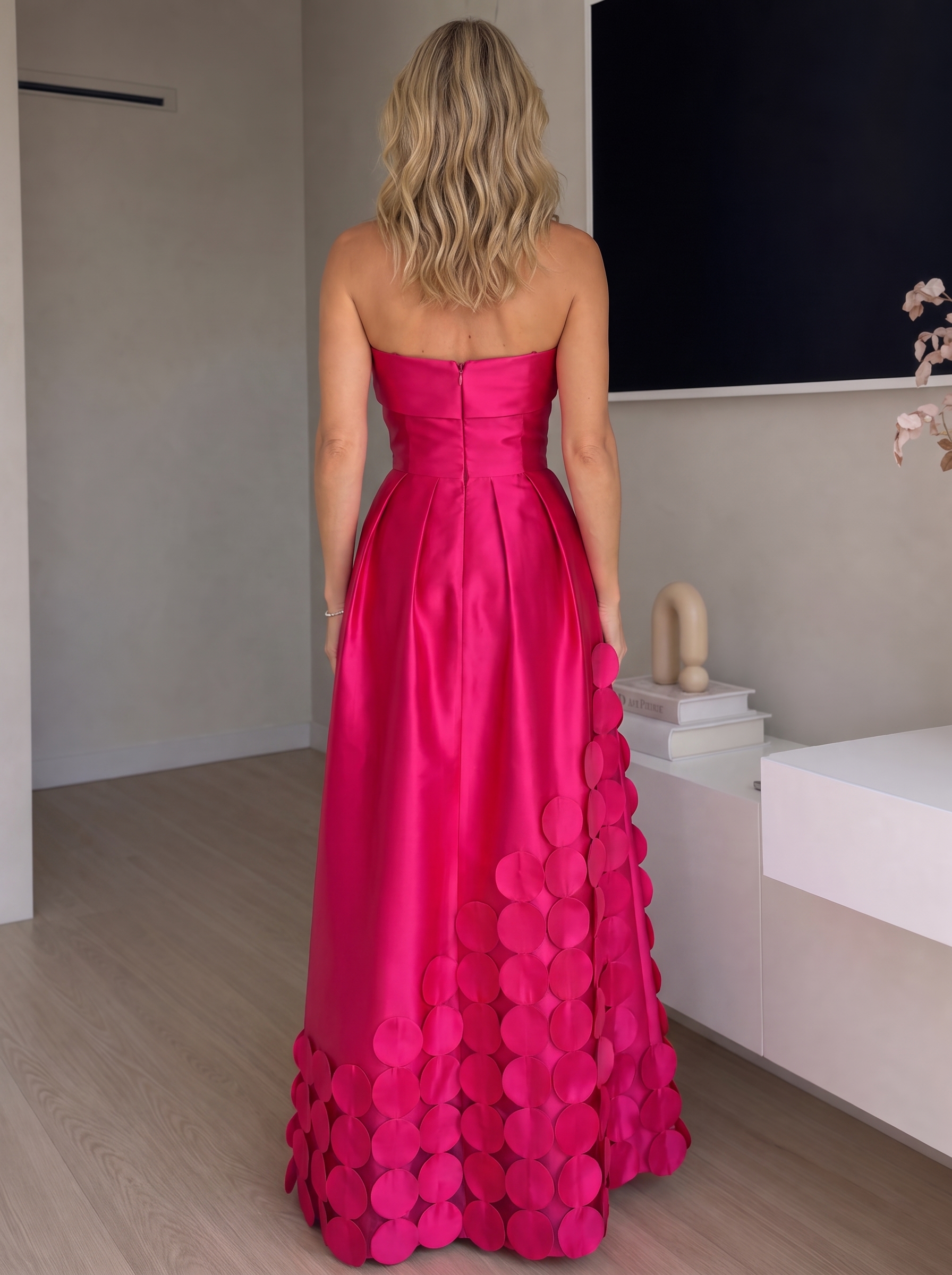 Hot Pink Strapless 3D Circle Appliqued A Line Maxi Dress