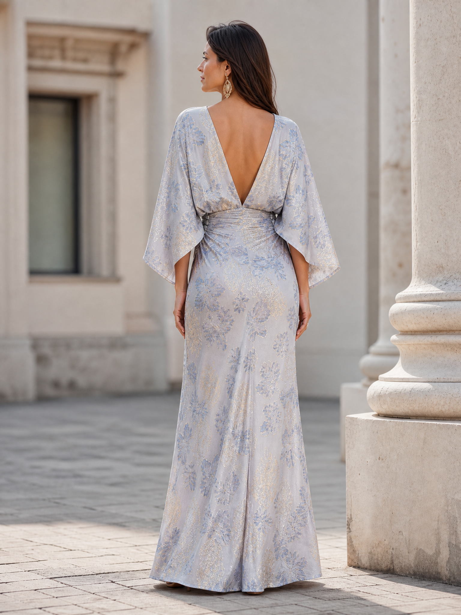 Silver Floral Print Boat Neck Cape Sleeve Ruched Maxi Dress