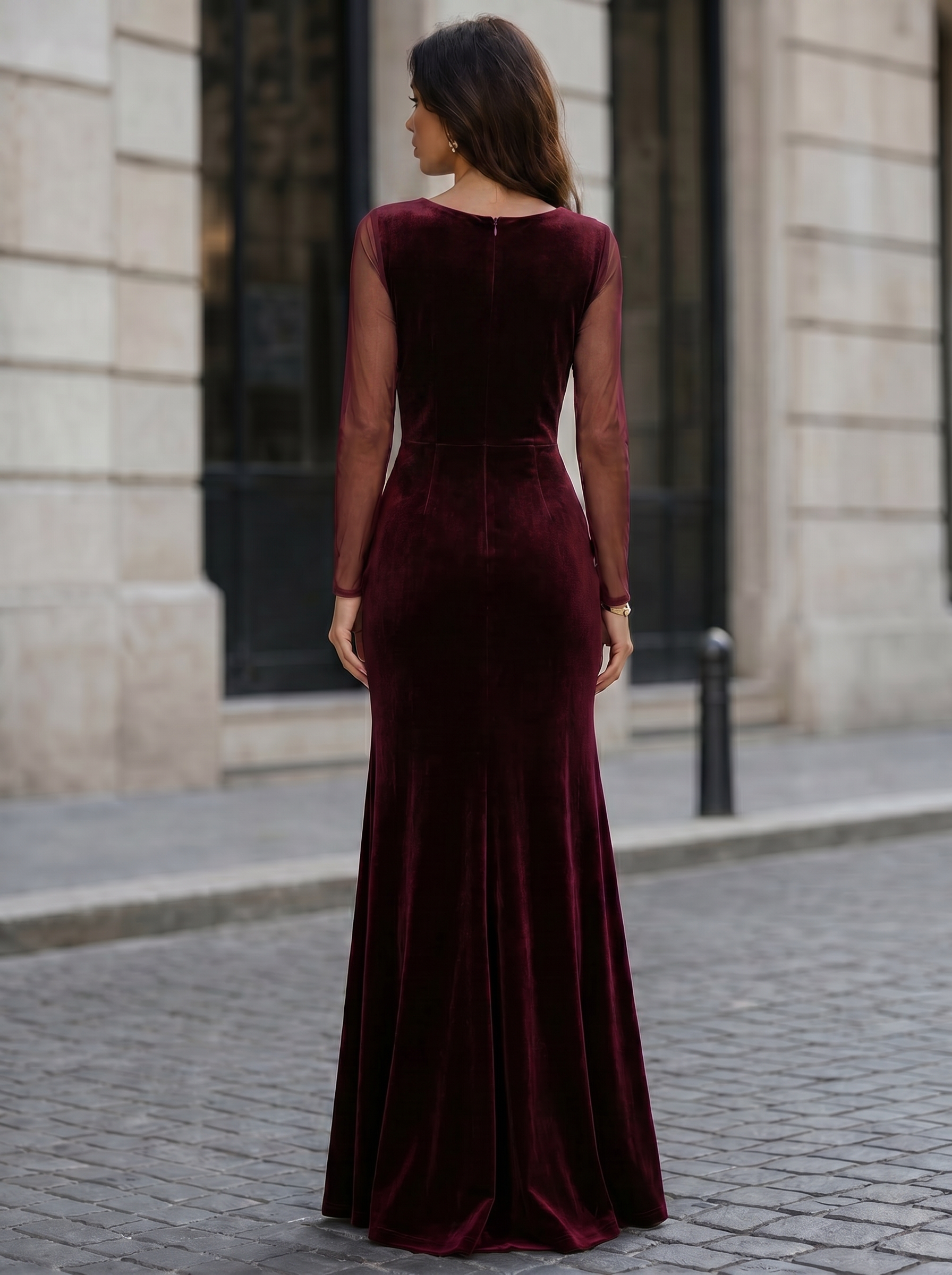 Burgundy Velvet Mesh Sleeve Wrap Ruched Mermaid Maxi Dress