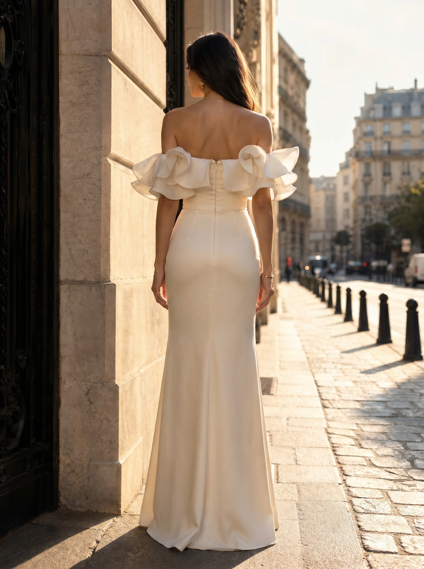 Champagne Off Shoulder Ruffle Slit Mermaid Maxi Dress