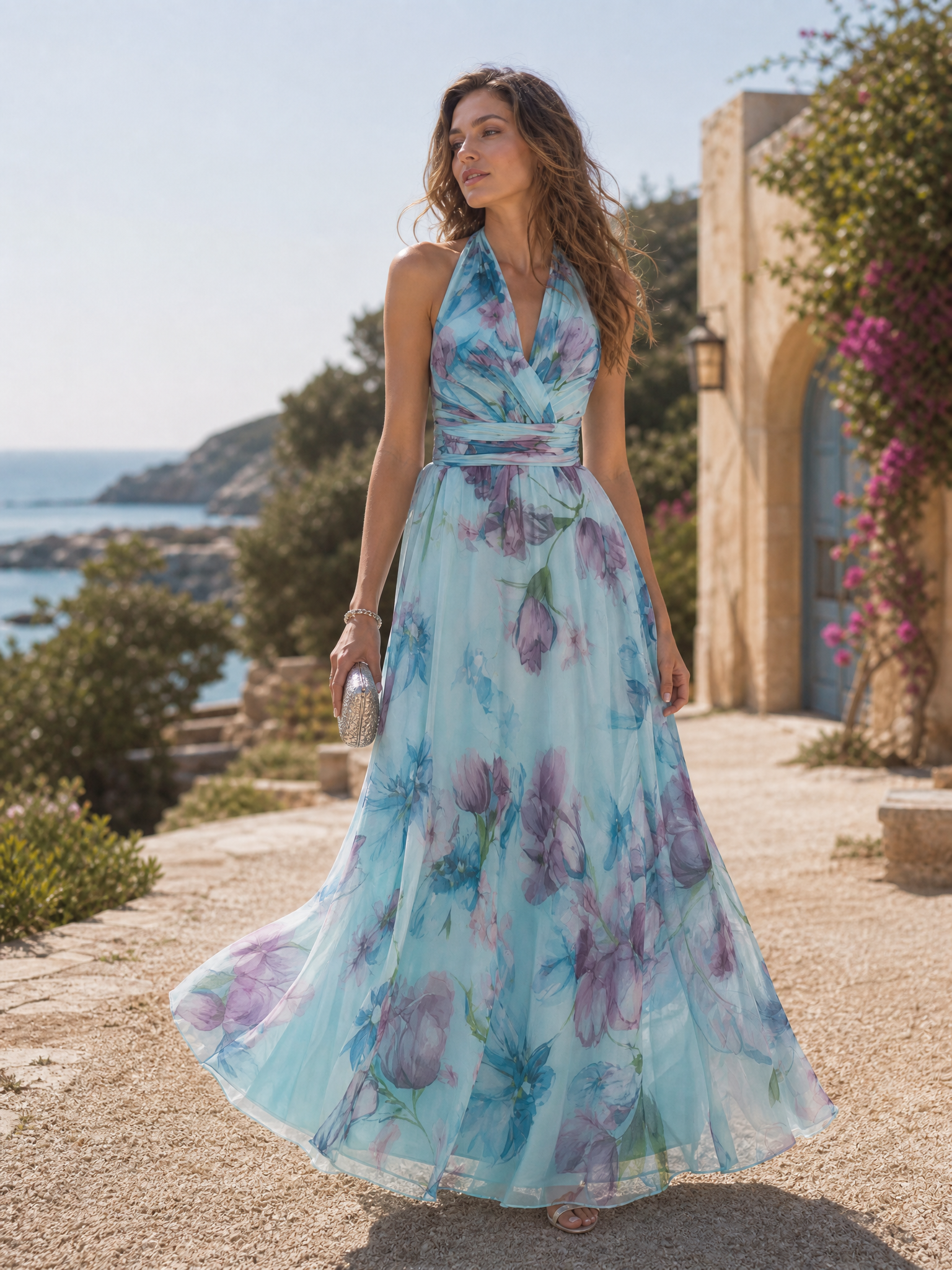 Halter Neck Sleeveless Floor-Length Floral Print Chiffon Evening Dress