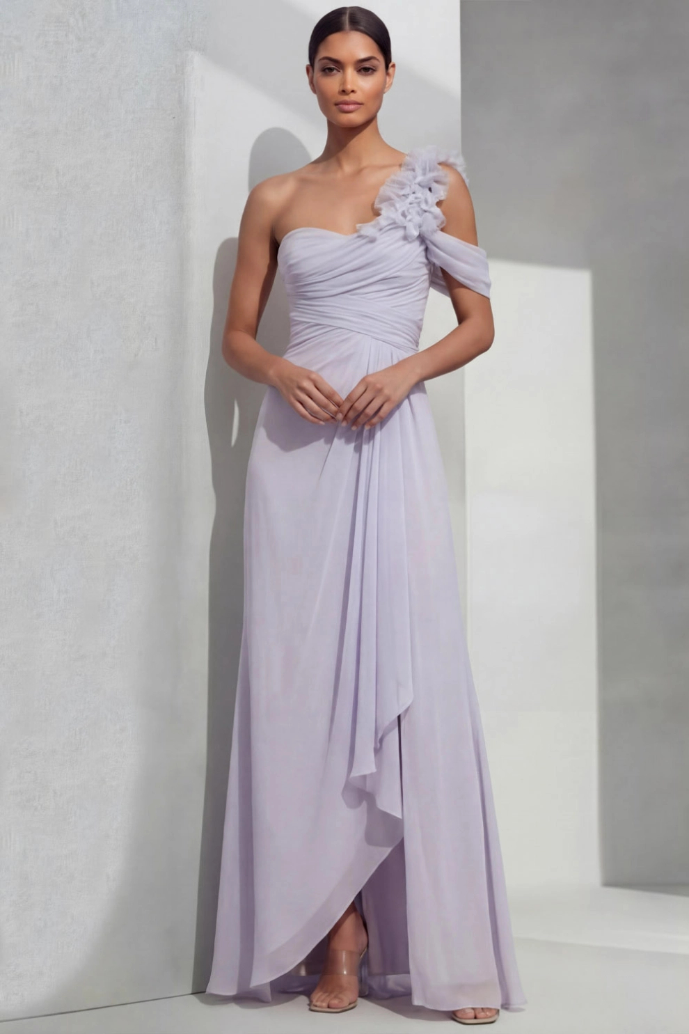 Lilac A-Line One Shoulder Chiffon Maxi Dress