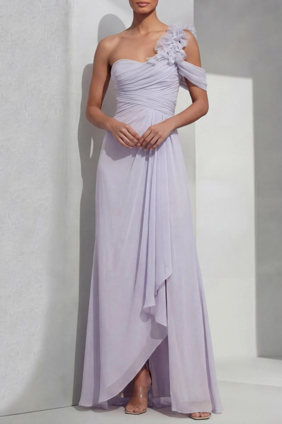 Lilac A-Line One Shoulder Chiffon Maxi Dress