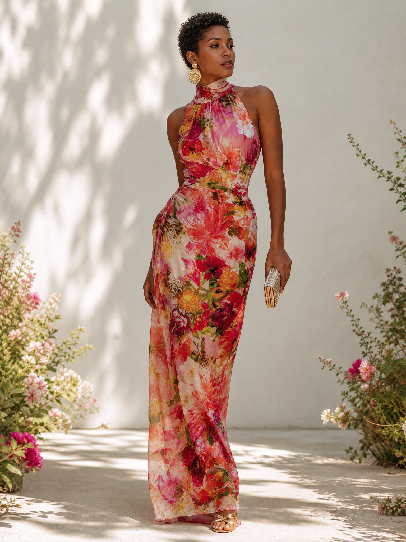 Halter Neck Sleeveless Floral Print Floor-Length Chiffon A-Line Gown