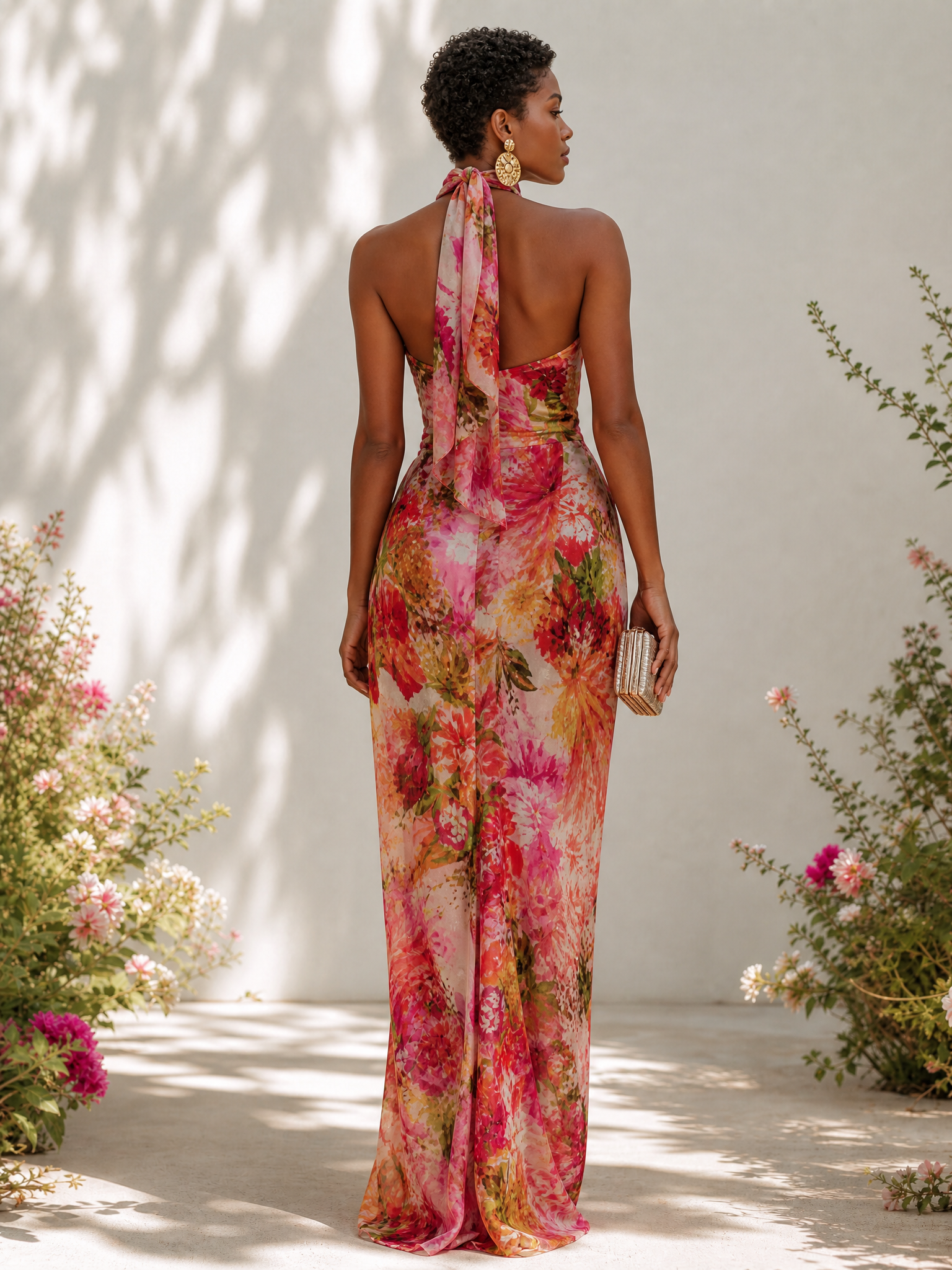 Halter Neck Sleeveless Floral Print Floor-Length Chiffon A-Line Gown