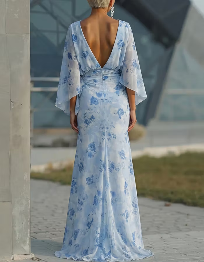 Sky Blue Floral Chiffon Batwing Sleeve Pleated Maxi Dress