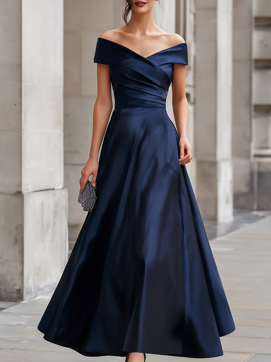 Navy Off-the-Shoulder Satin Gown