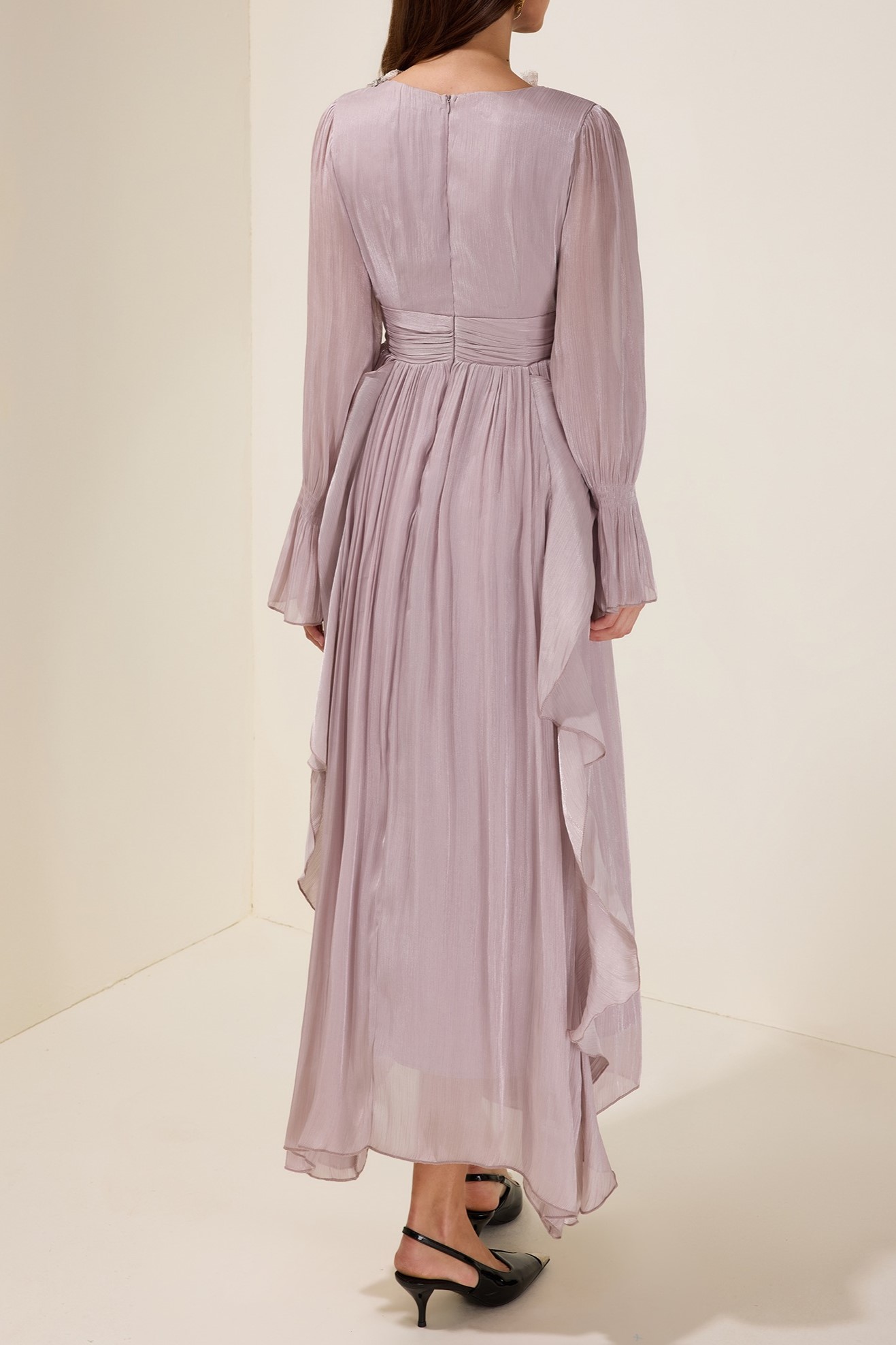 Purple Nail Bead Embroidery Frill Lace Midi Dress