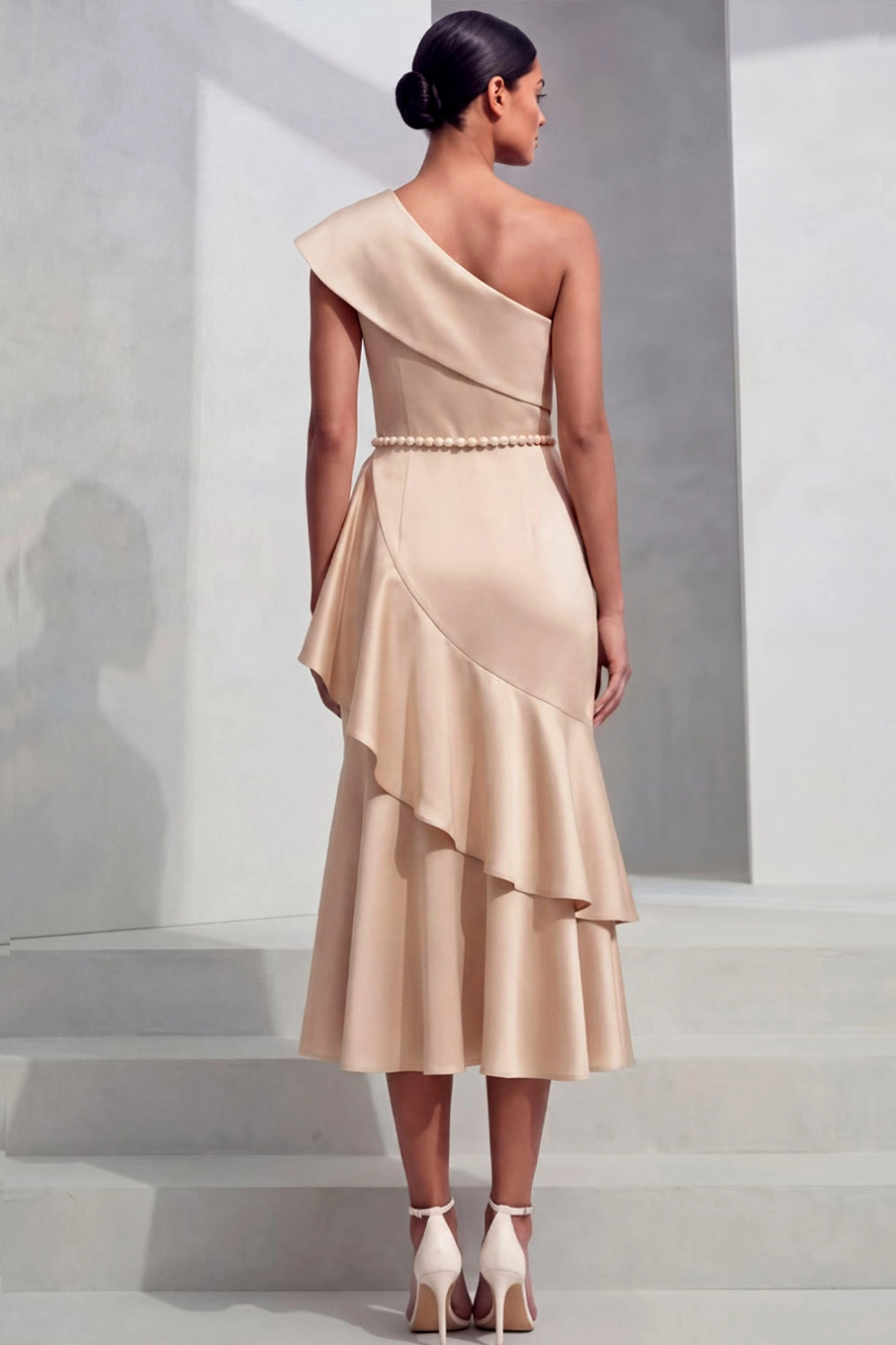 Champagne One Shoulder Beaded with Ruffle Midi Dress