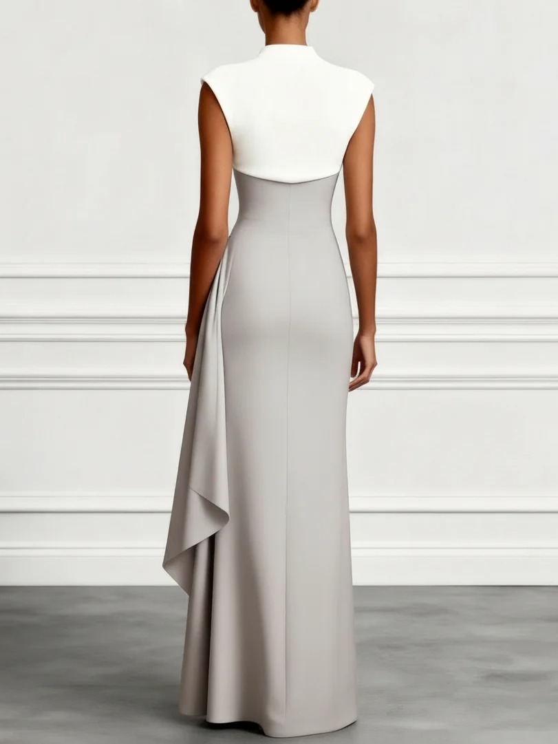 Gray Ruched Split Joint Satin Mock Neck Sleeveless Mermaid Gown Dress