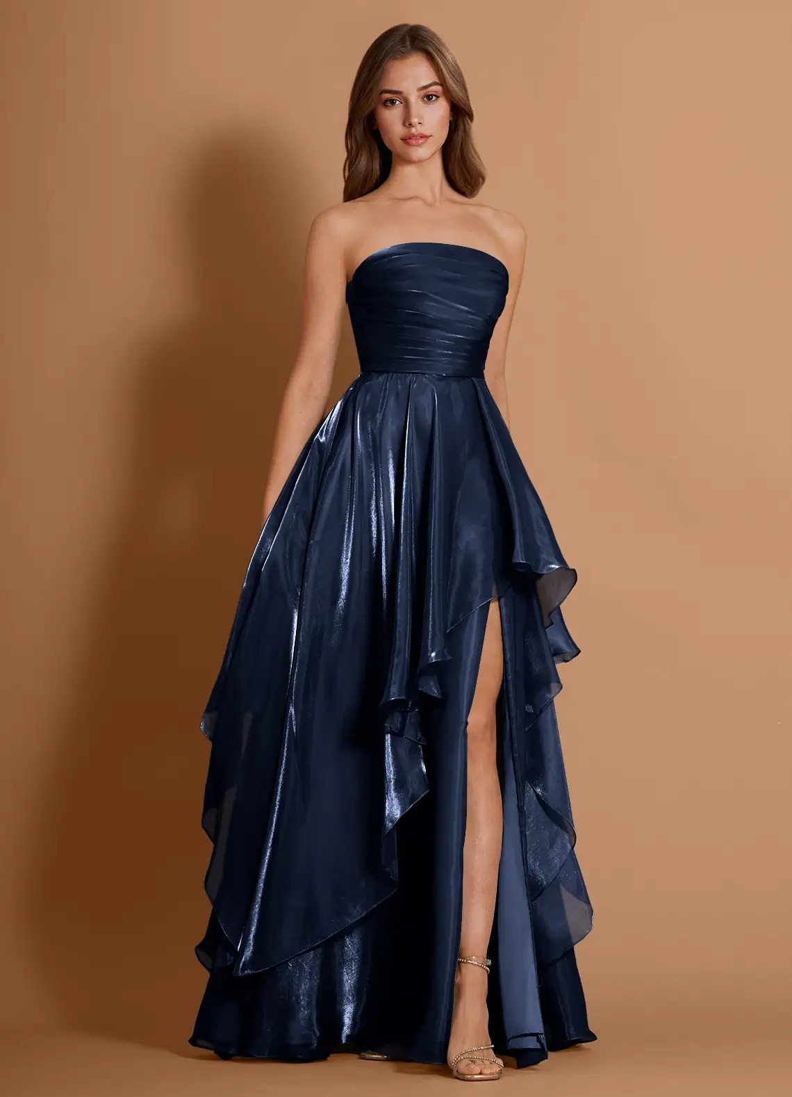 Burgundy Strapless Ruffled High-Slit Evening Gown