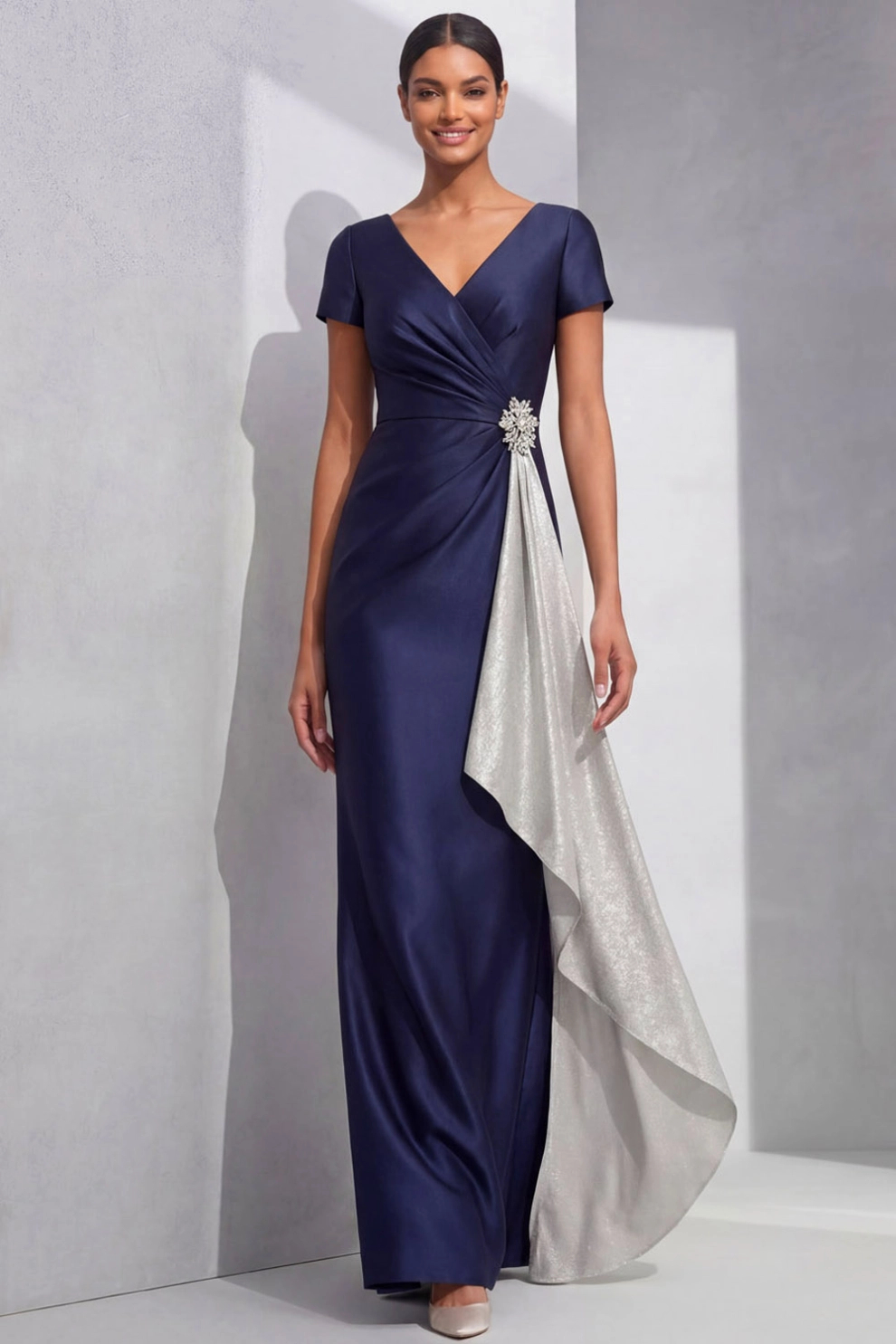 Navy Blue Mermaid V-Neck with Ruffle Maxi Dress