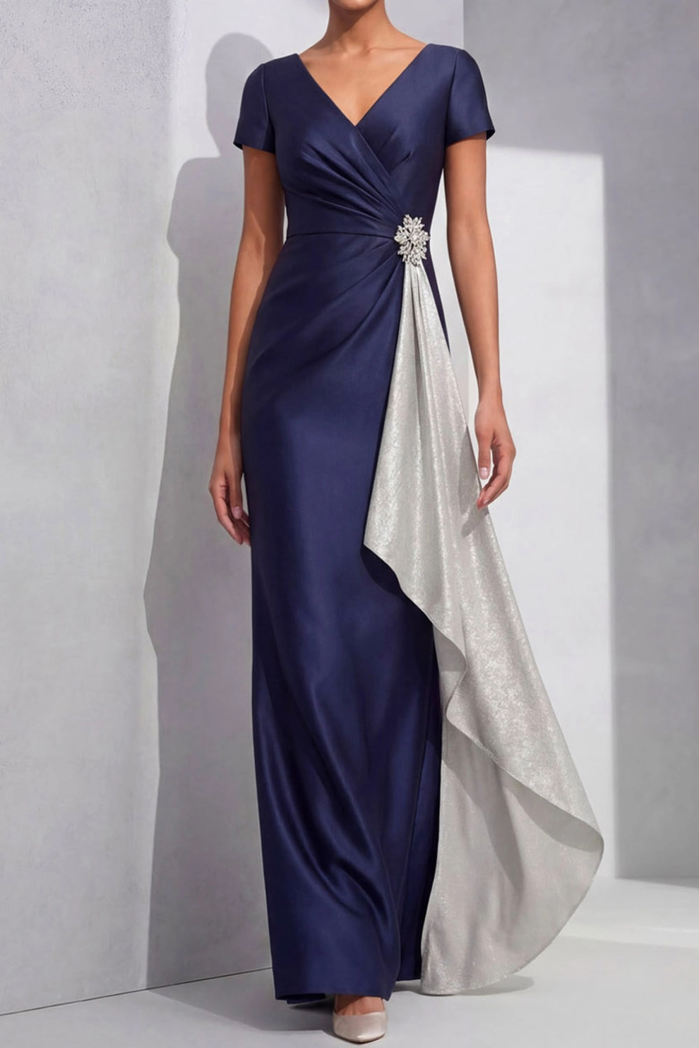 Navy Blue Mermaid V-Neck with Ruffle Maxi Dress