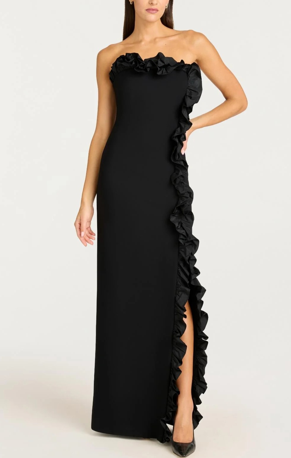 Black Strapless Ruffled Sheath Gown with High Slit Maxi Dress