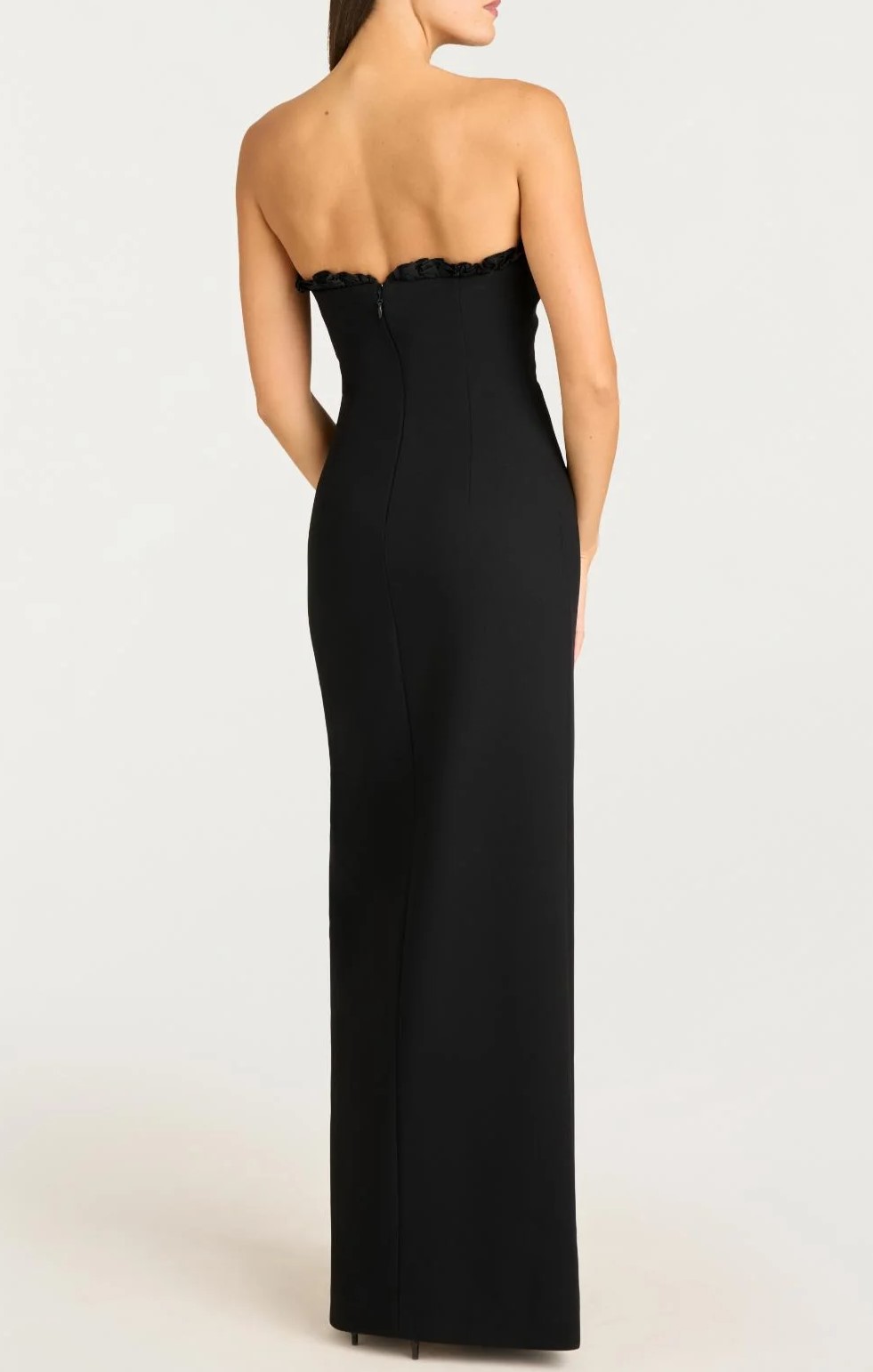 Black Strapless Ruffled Sheath Gown with High Slit Maxi Dress