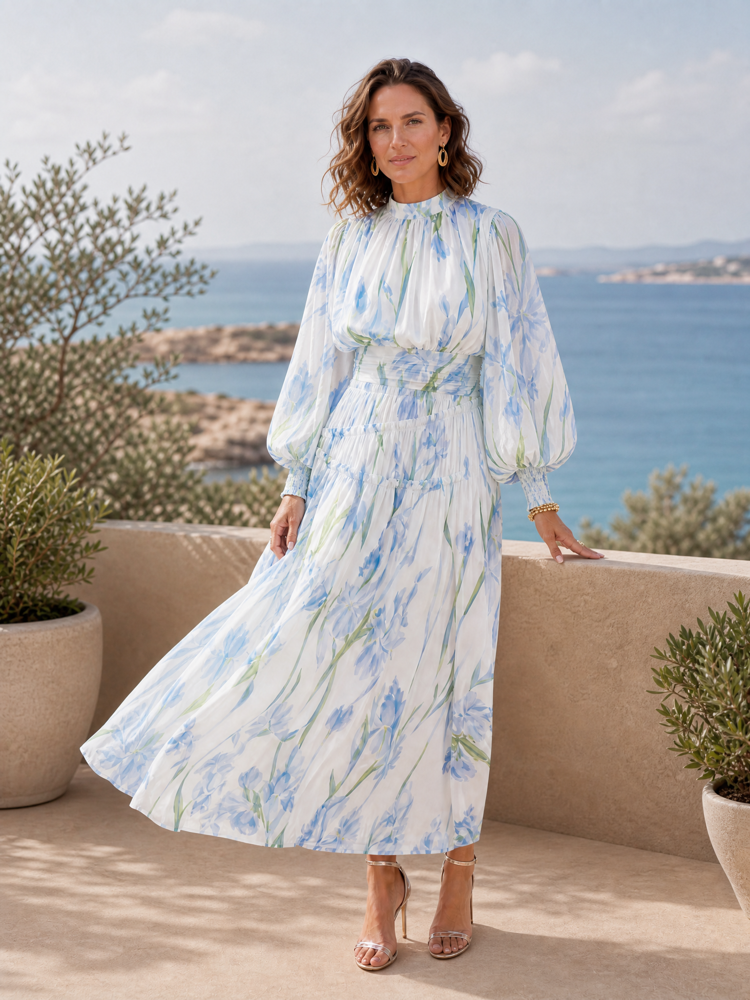 White Base Blue Iris Floral Mock Neck Balloon Long Sleeve Tiered Midi Dress