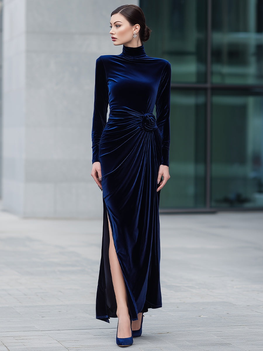 Velvet High-Neck Ruched Evening Gown