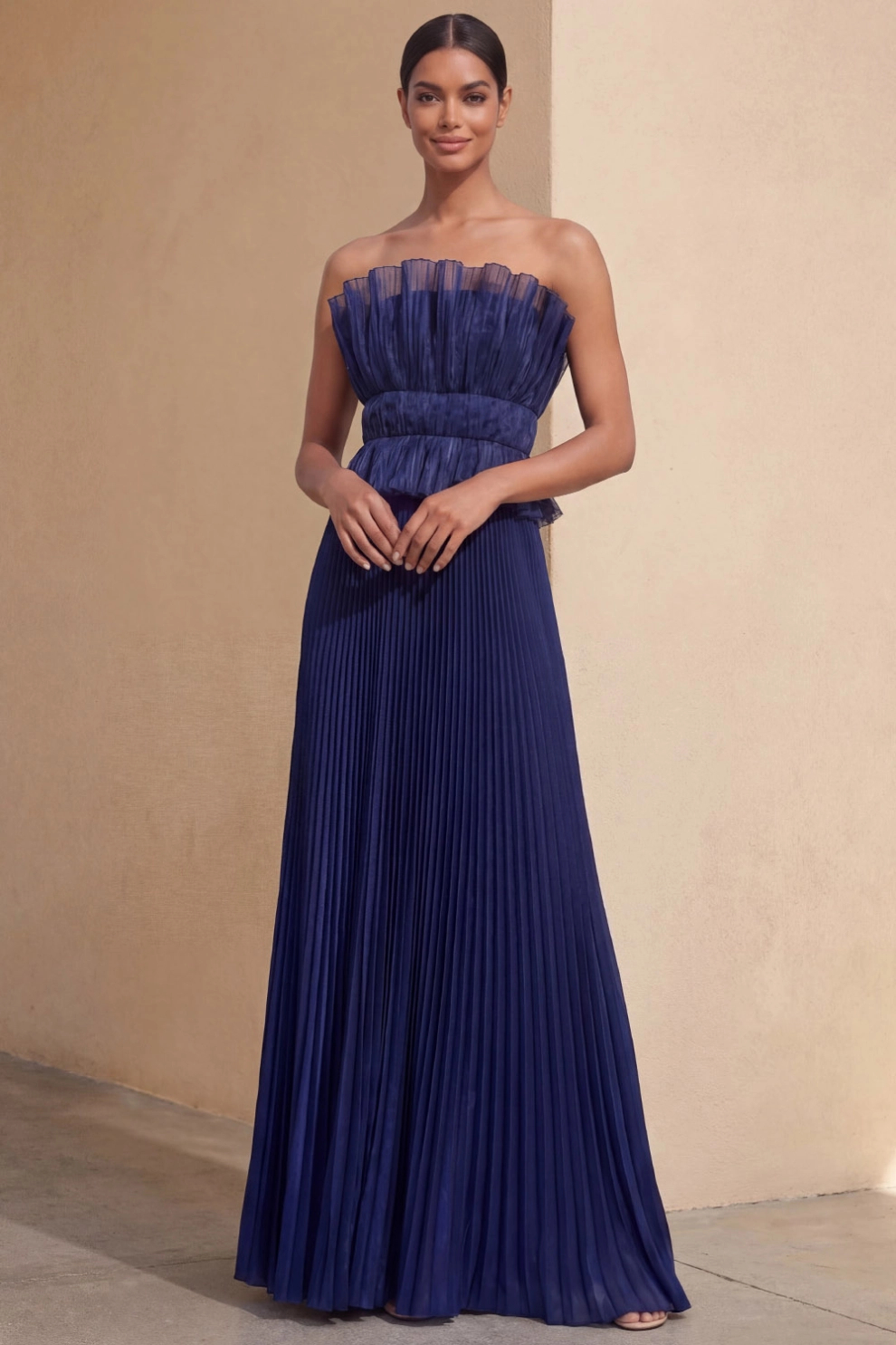 Navy Blue A-Line Strapless Pleated Maxi Dress