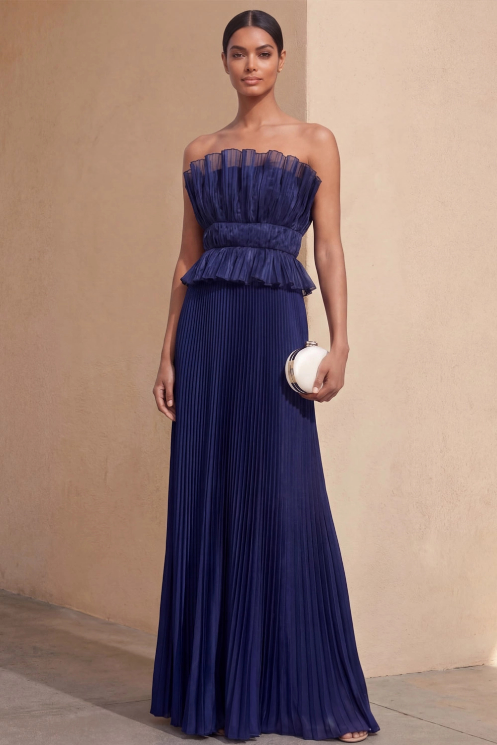 Navy Blue A-Line Strapless Pleated Maxi Dress