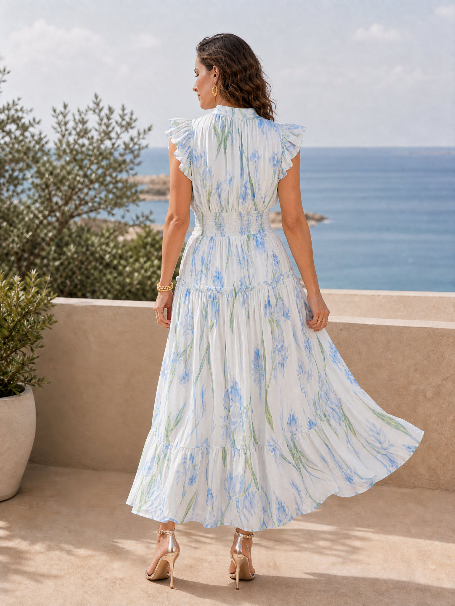 White Base Blue Iris Floral Mock Neck Flutter Sleeve Tiered Midi Dress