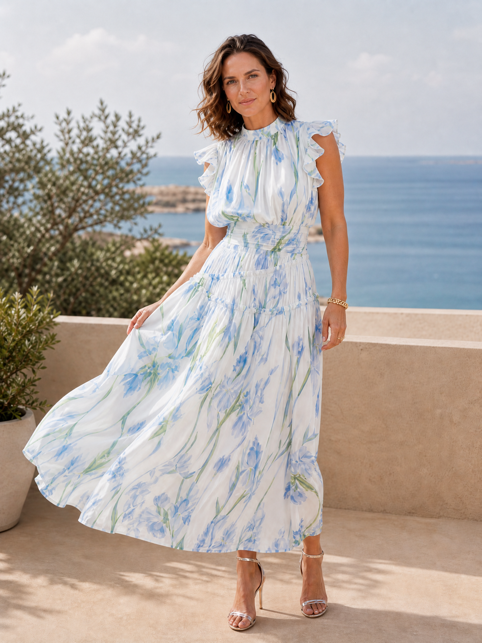 White Base Blue Iris Floral Mock Neck Flutter Sleeve Tiered Midi Dress