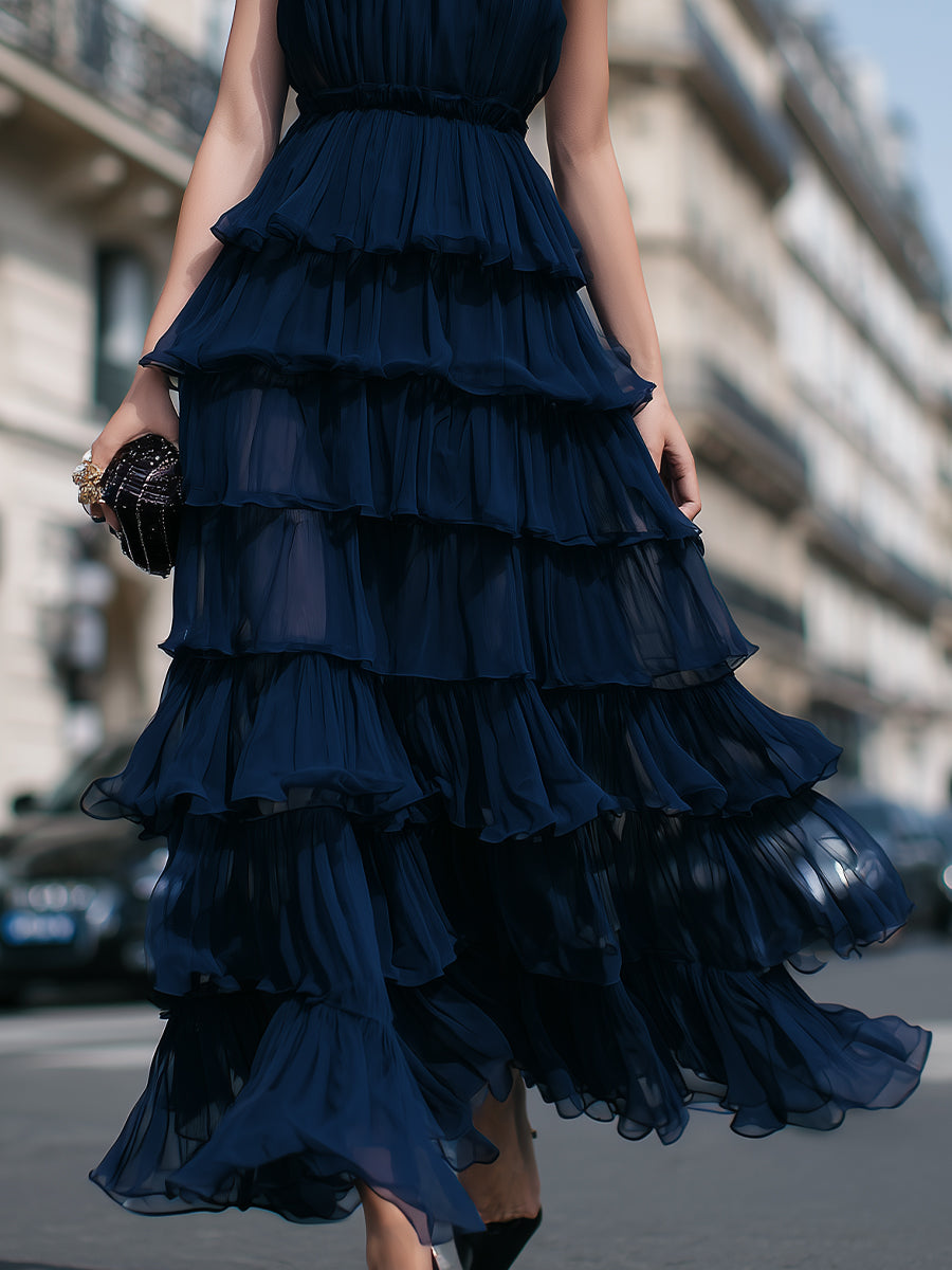 Navy Tiered Halter Neck Ruffle Maxi Dress