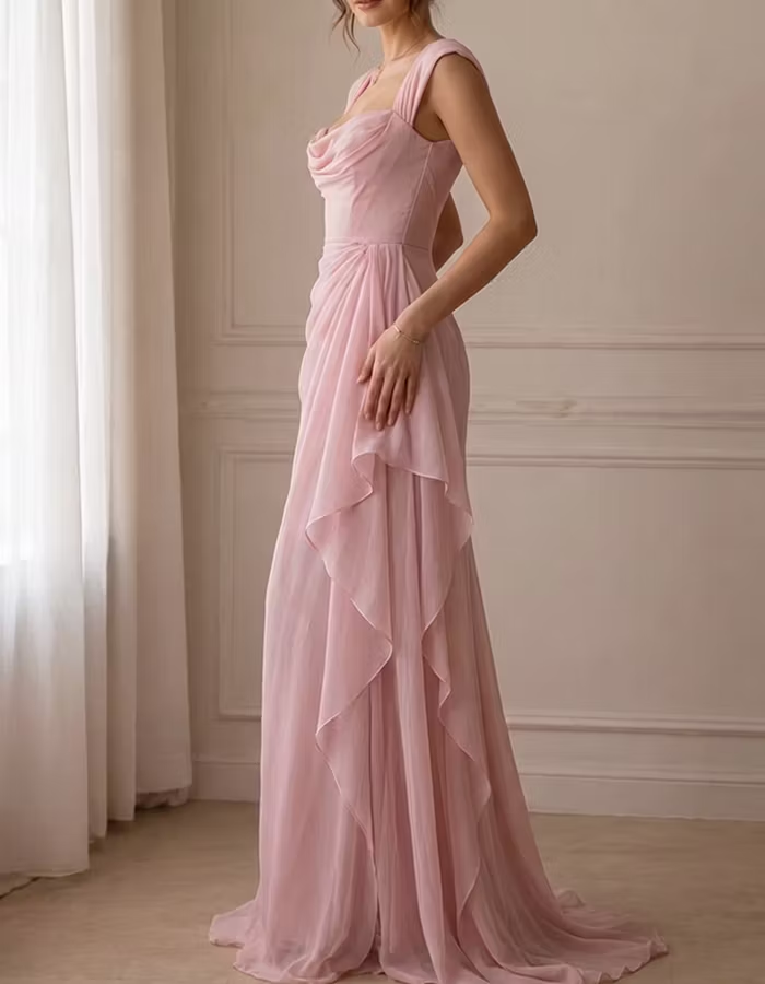 Pale Pink Chiffon Draped Maxi Dress