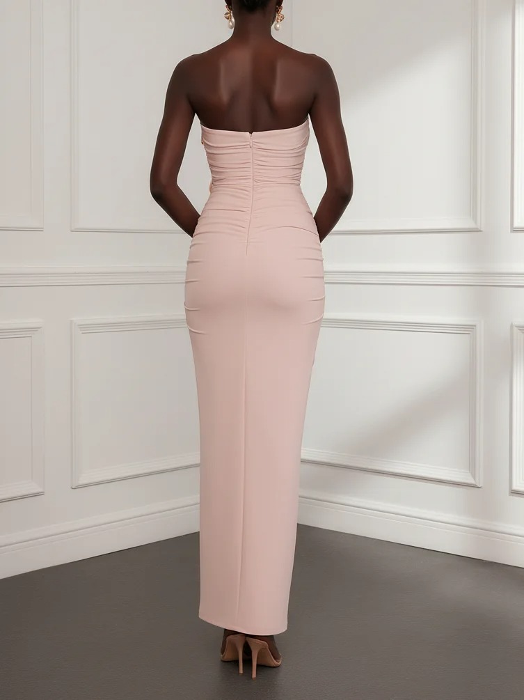 Pink 3D Floral Ruched Knit Strapless Sleeveless Sheath Maxi Dress