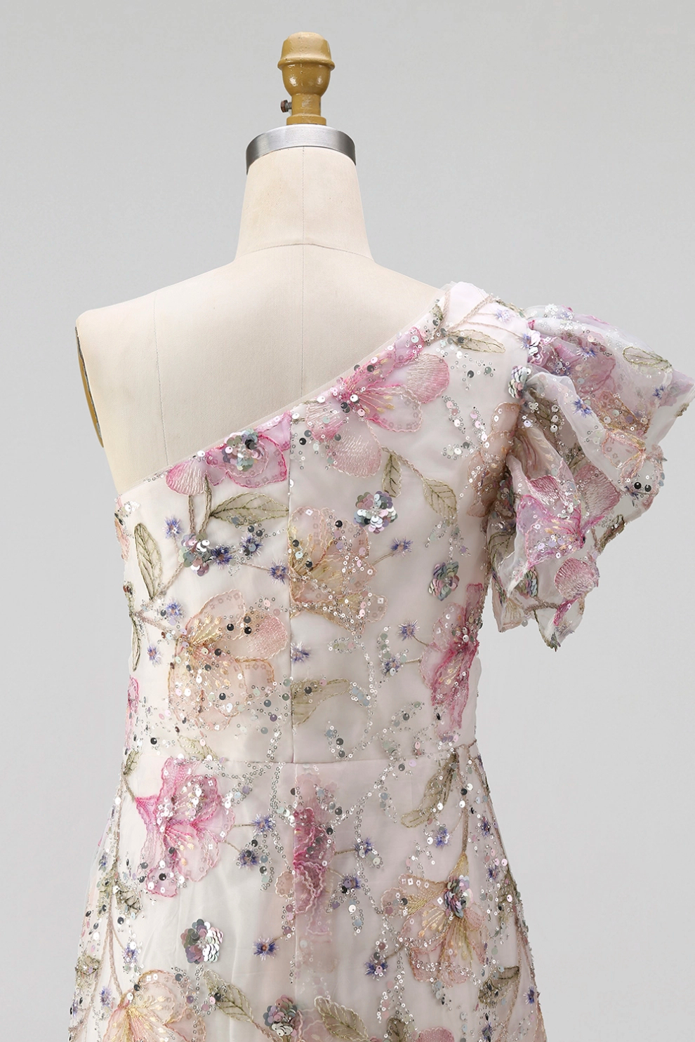 Light Pink Mermaid One Shoulder Floral Satin Maxi Dress