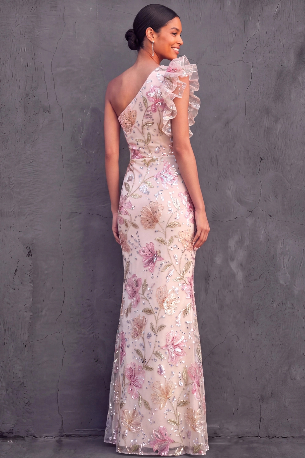 Light Pink Mermaid One Shoulder Floral Satin Maxi Dress