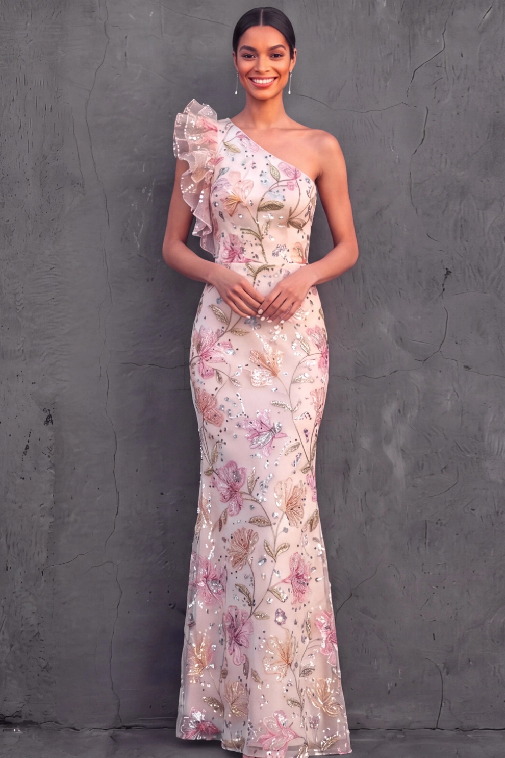 Light Pink Mermaid One Shoulder Floral Satin Maxi Dress