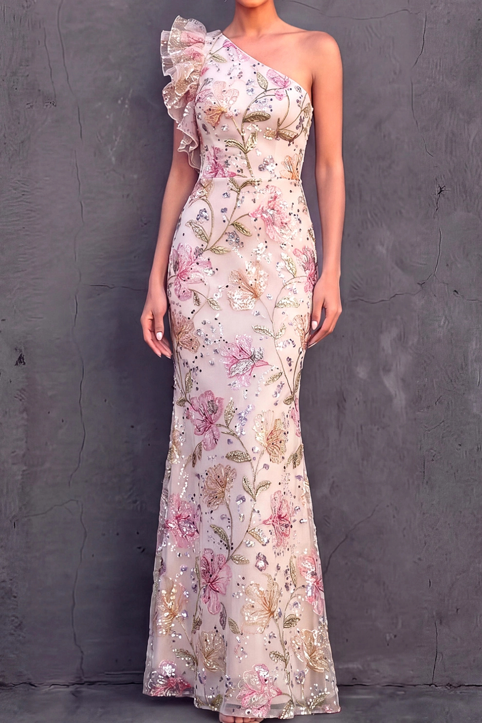 Light Pink Mermaid One Shoulder Floral Satin Maxi Dress