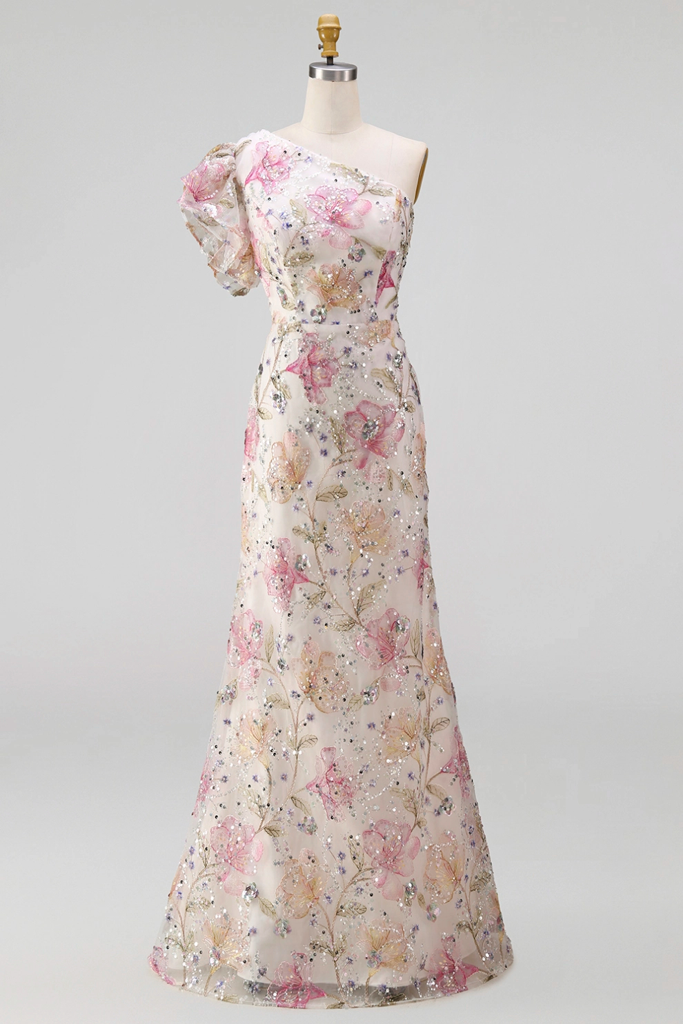 Light Pink Mermaid One Shoulder Floral Satin Maxi Dress