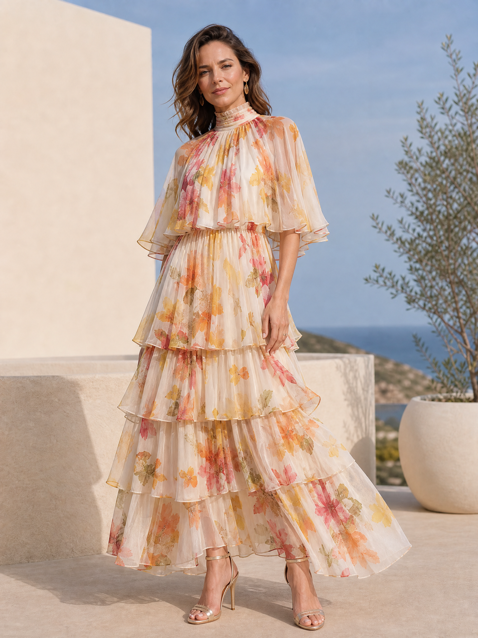 Light Beige Warm Watercolor Floral Ruffle High Neck Cape Sleeve Tiered Midi Dress