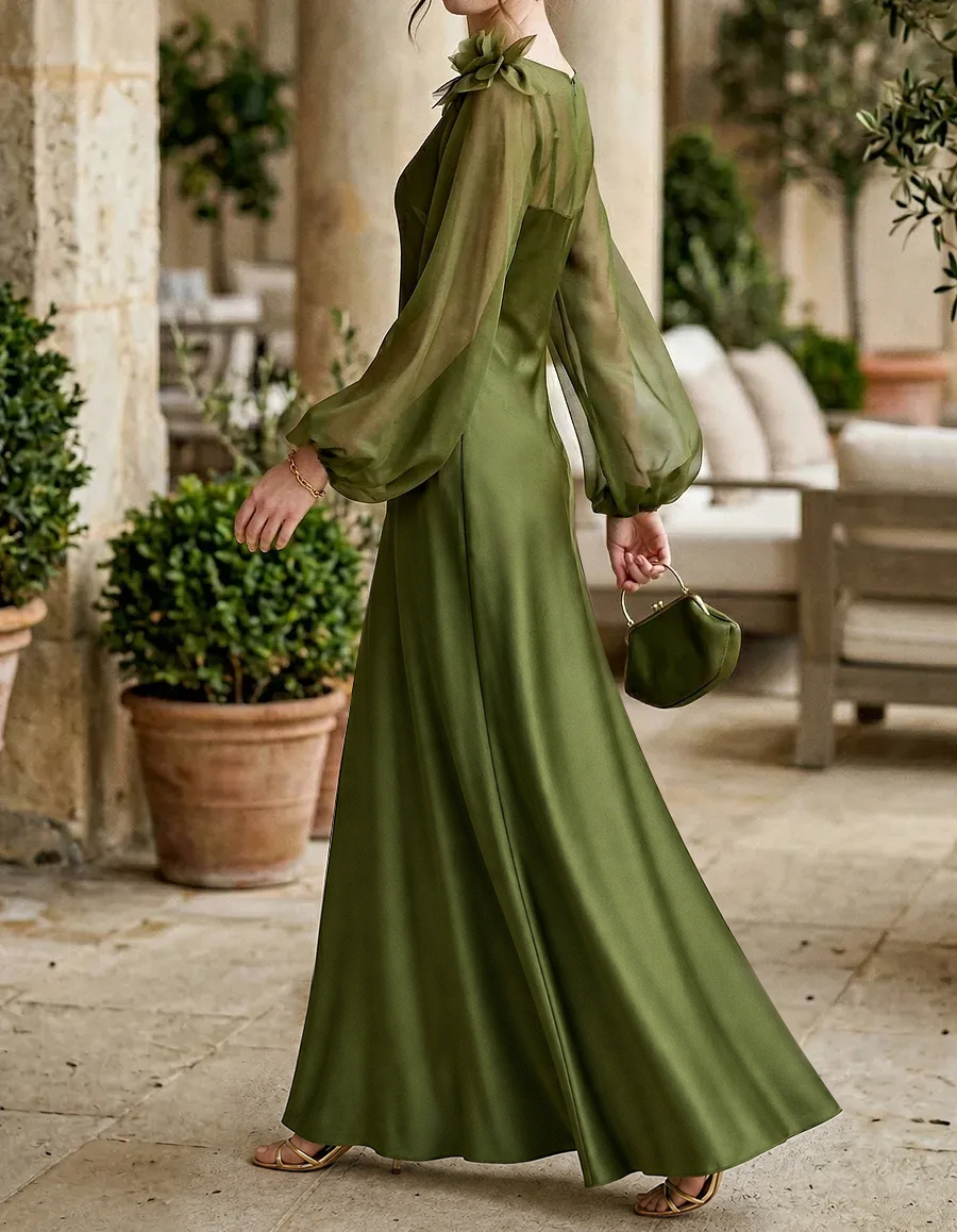 Green Chiffon Paired Satin Camisole Flowers Maxi Dress