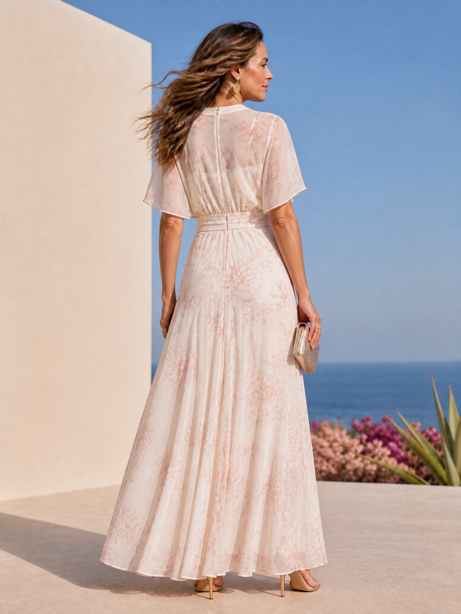 Cream Base Light Pink Line Floral Print Round Neck Flutter Sleeve Maxi Dress with Belt
