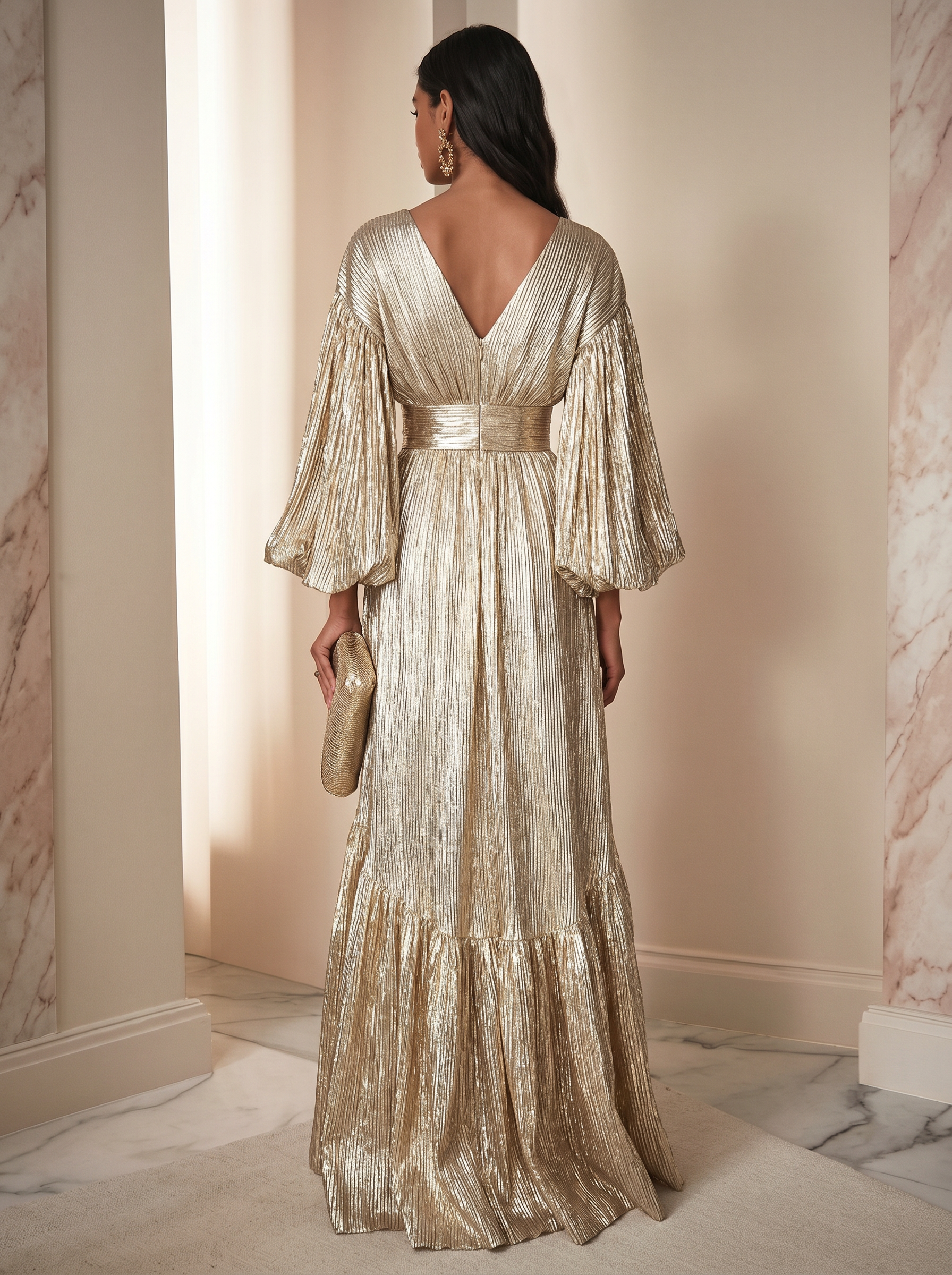 Party Evening Dress Ruffled Deep V Metallic Pleated Maxi Gown