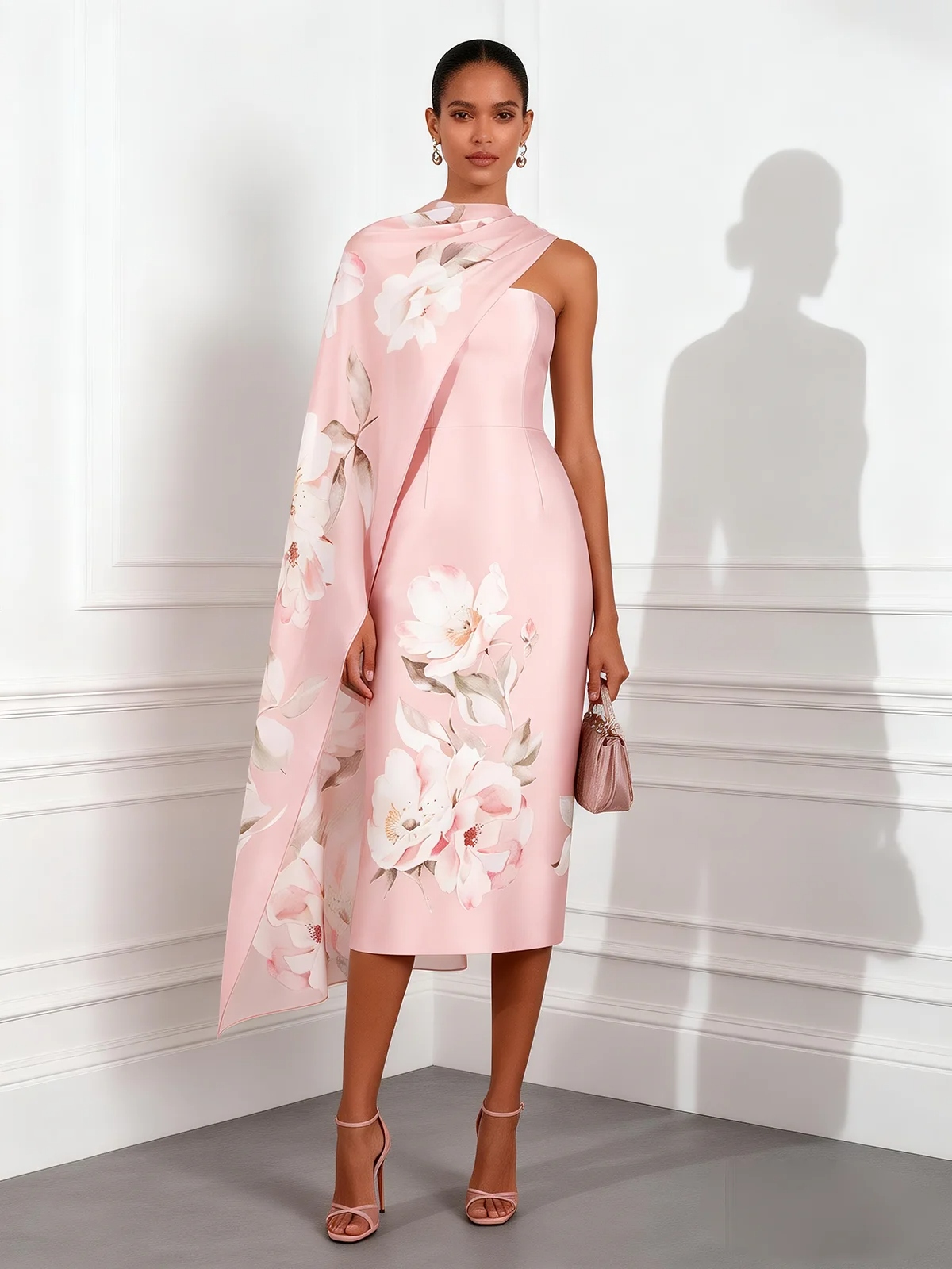 Pink Floral Satin Strapless Sleeveless Sheath Midi Dress