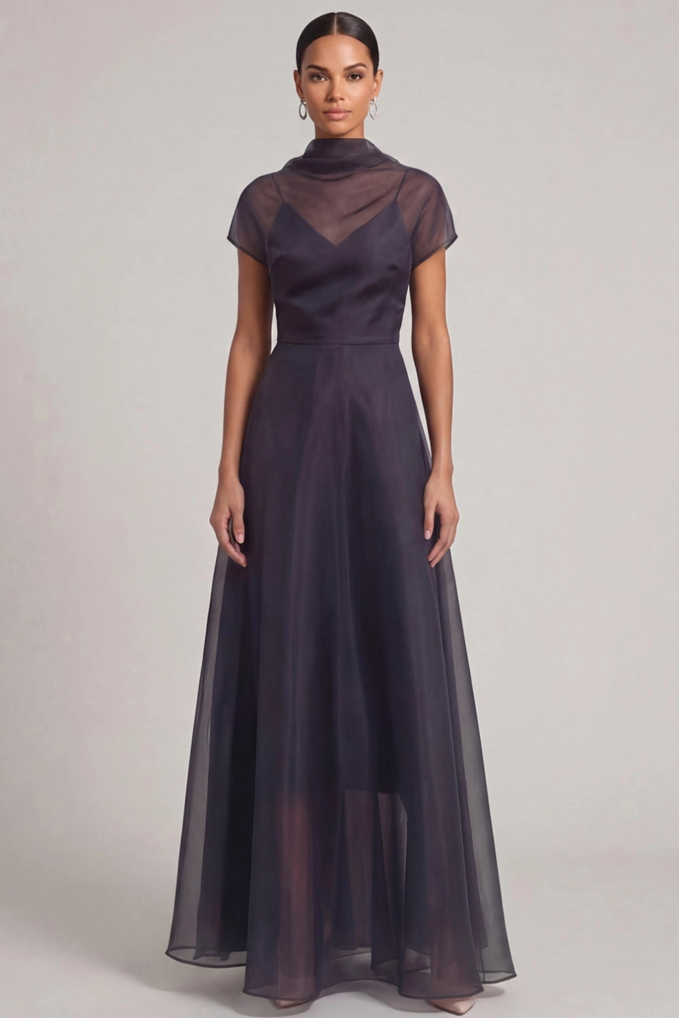A-Line High Neck Illusion Short Sleeves Maxi Dress