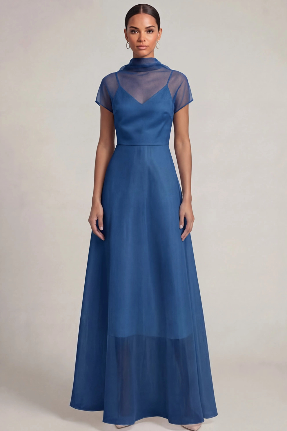 A-Line High Neck Illusion Short Sleeves Maxi Dress