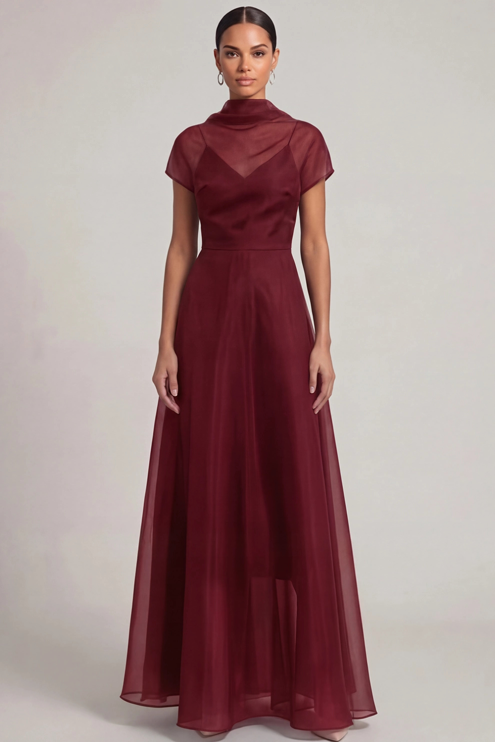 A-Line High Neck Illusion Short Sleeves Maxi Dress