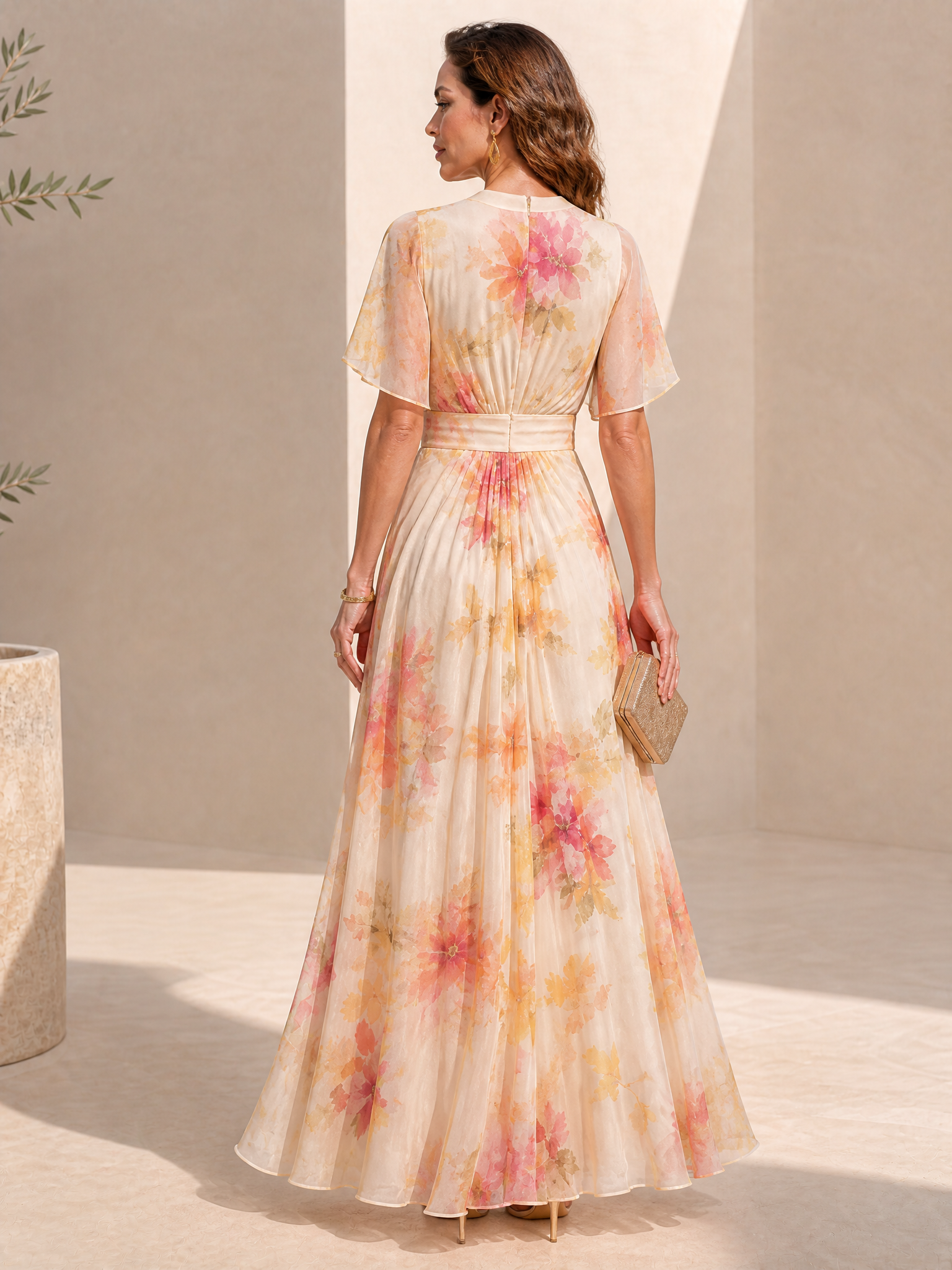 Cream Base Warm Watercolor Floral Print Round Neck Flutter Sleeve Maxi Dress with Square Buckle Belt