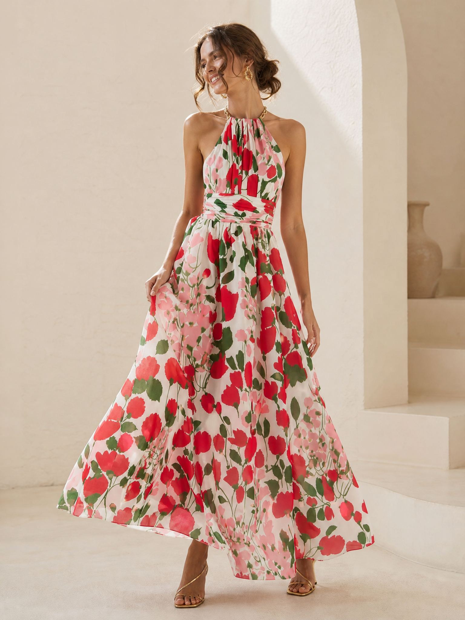 Red Floral Halter Chiffon Sleeveless A-Line Maxi Gown Dress