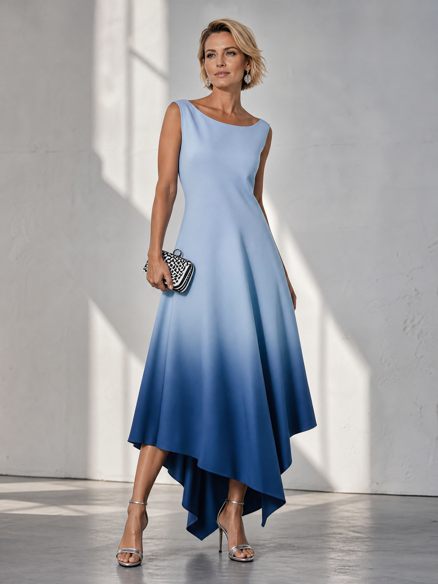 Ethereal Ombré Blue Asymmetric Scoop Neckline Sleeveless Midi Gown Dress