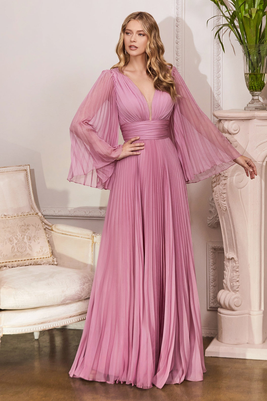 Pleated Bell Sleeve V Neck Maxi Dress