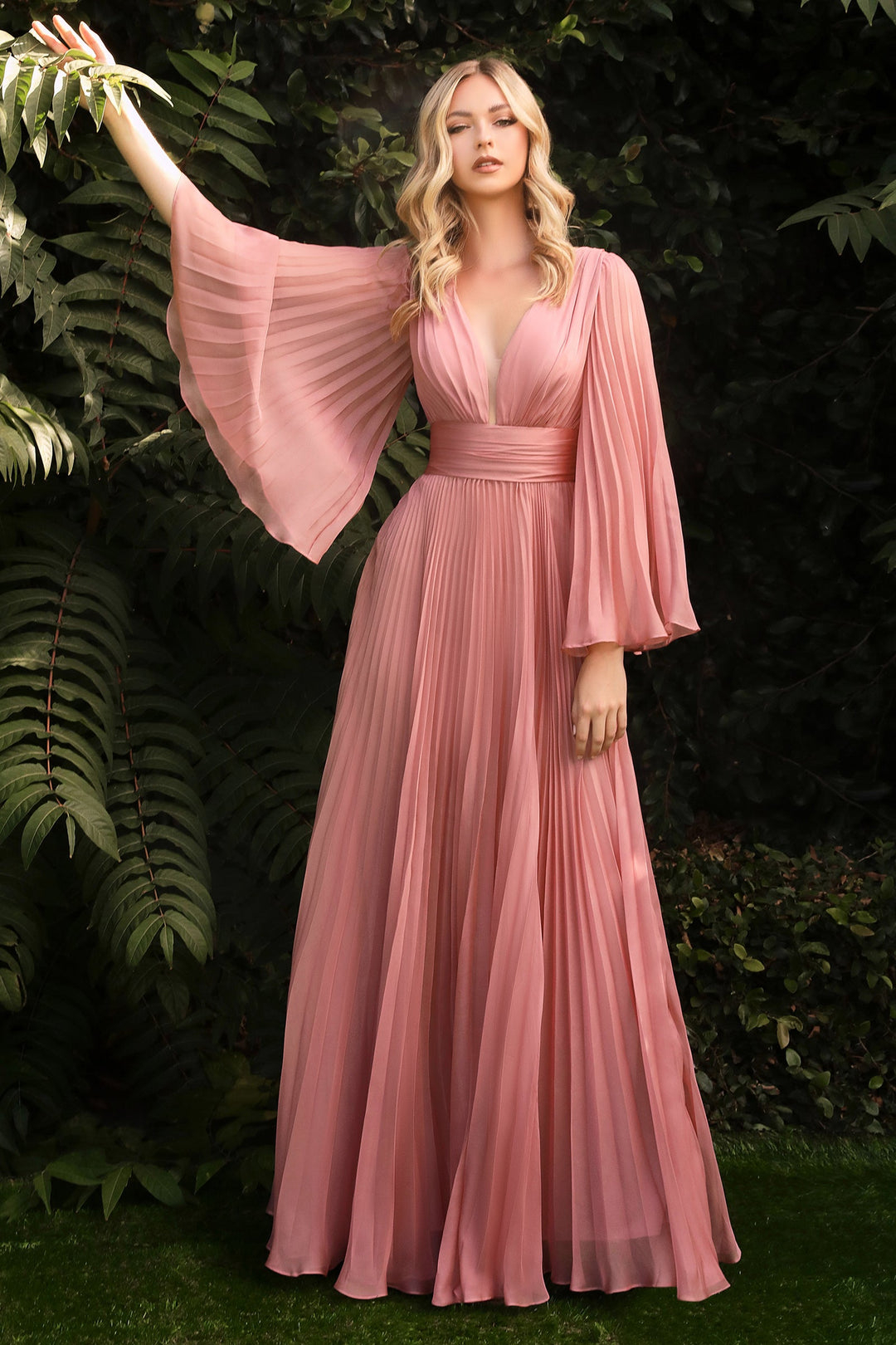 Pleated Bell Sleeve V Neck Maxi Dress