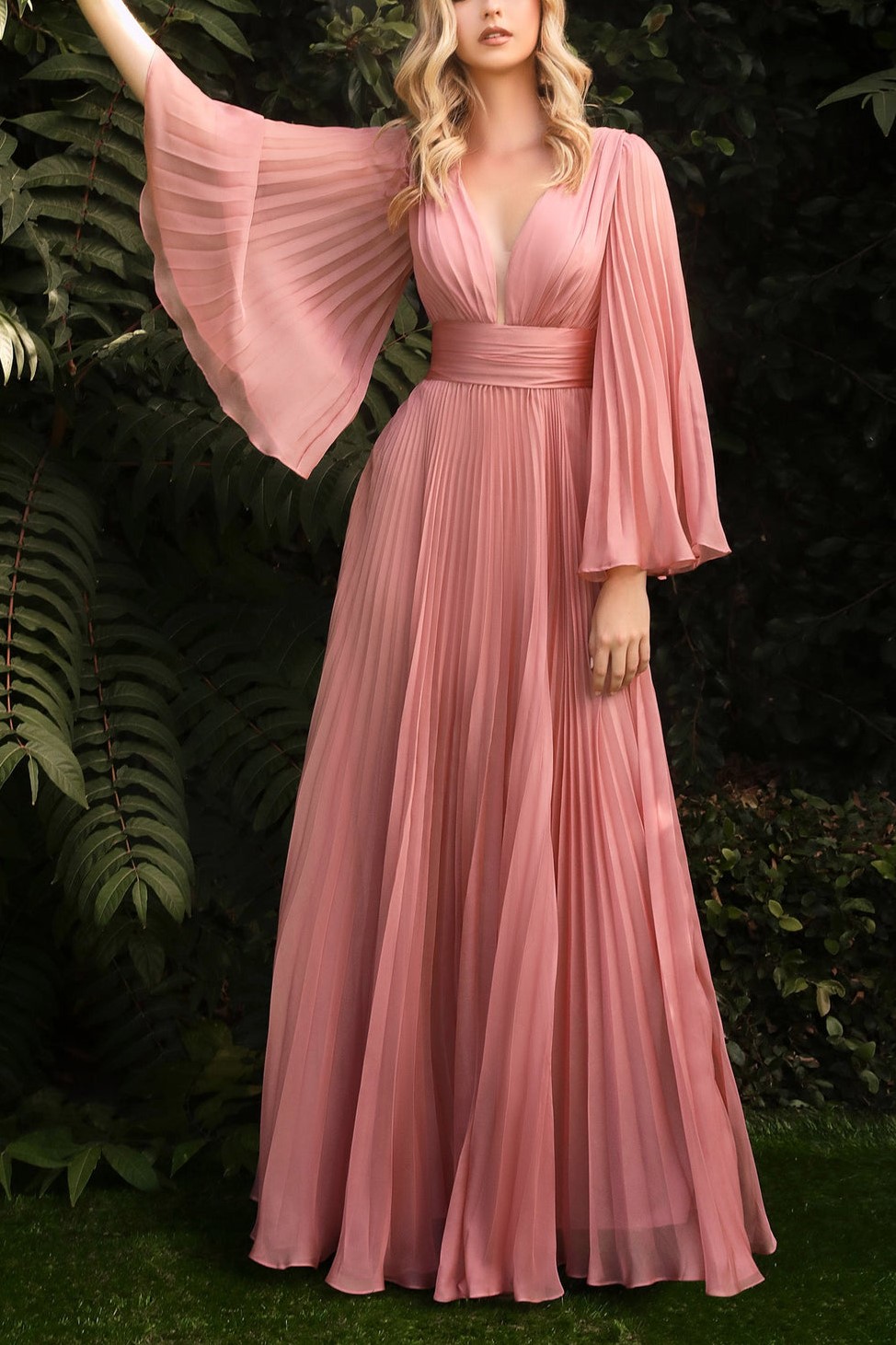Pleated Bell Sleeve V Neck Maxi Dress