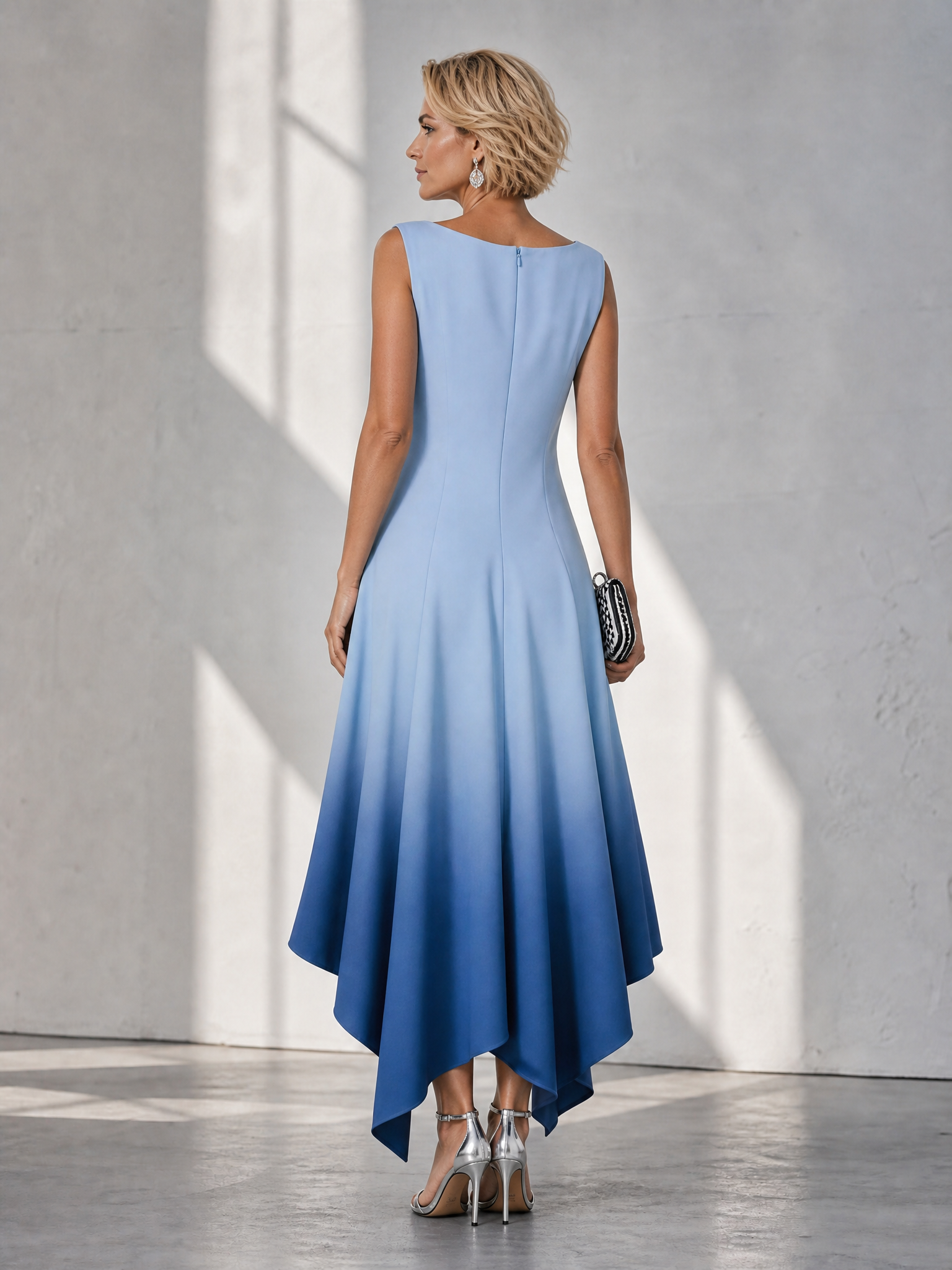 Ethereal Ombré Blue Asymmetric Scoop Neckline Sleeveless Midi Gown Dress